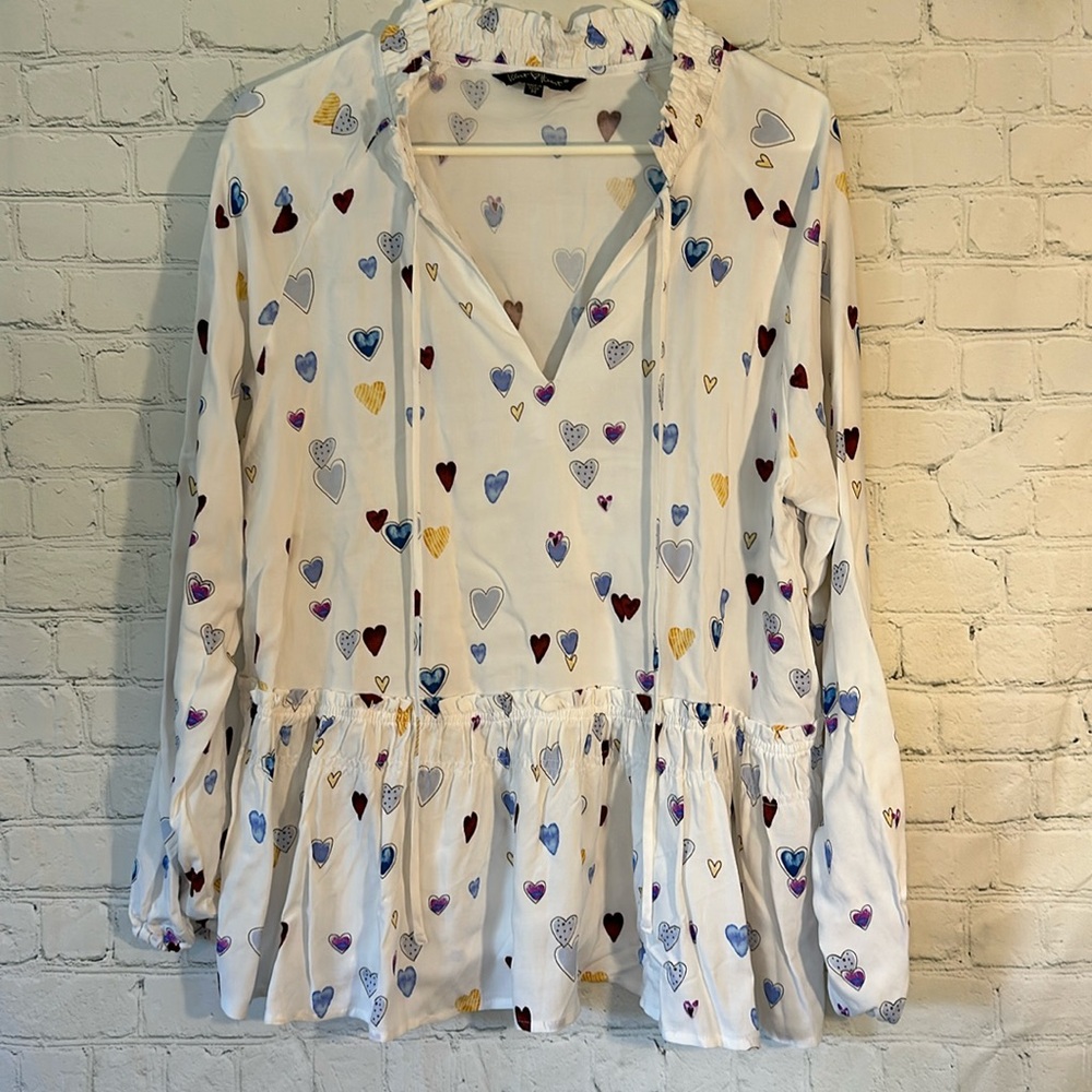 Velvet Heart V top with hearts, tie and ruffles